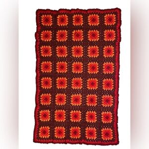 Vintage Granny Square Afghan Throw Brown Red Orange 62x 38 Fall Colors Handmade